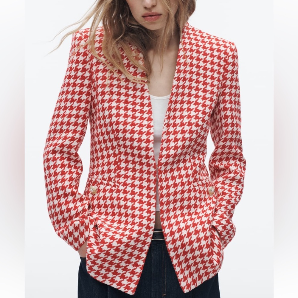 ZARA houndstooth textured collarless blazer blogger favorite